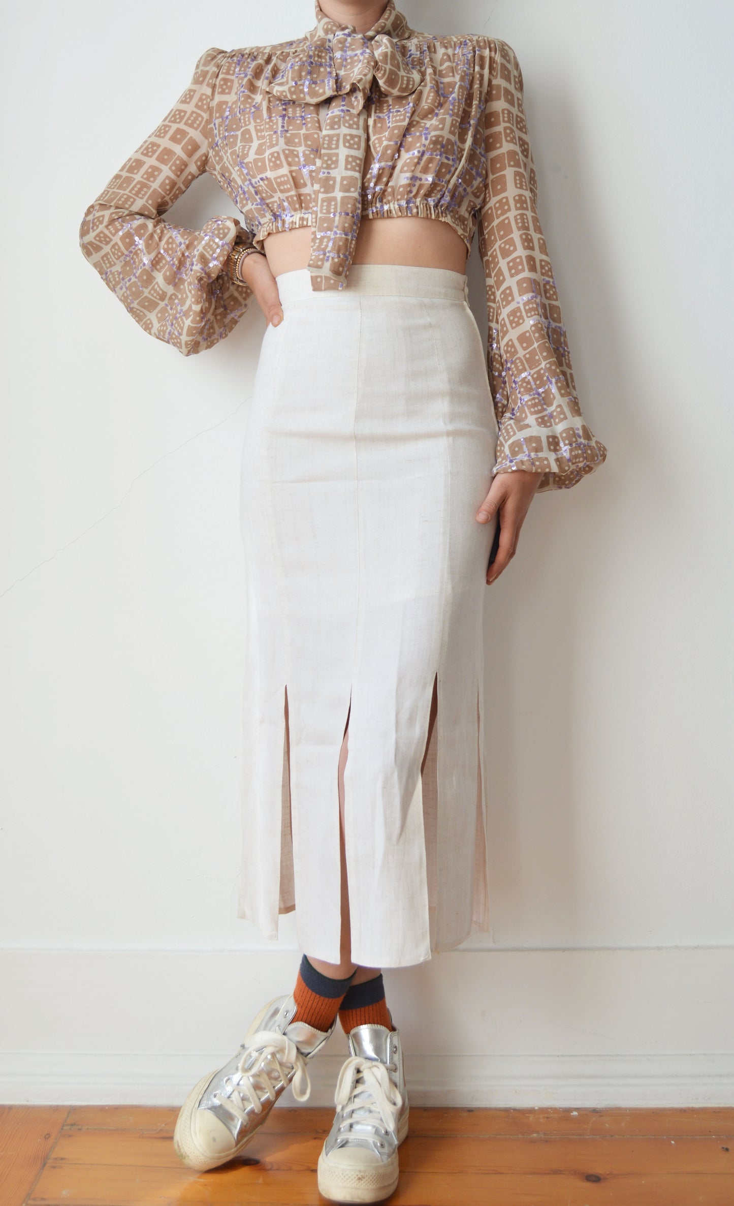 Vintage White Linen Skirt with Slits