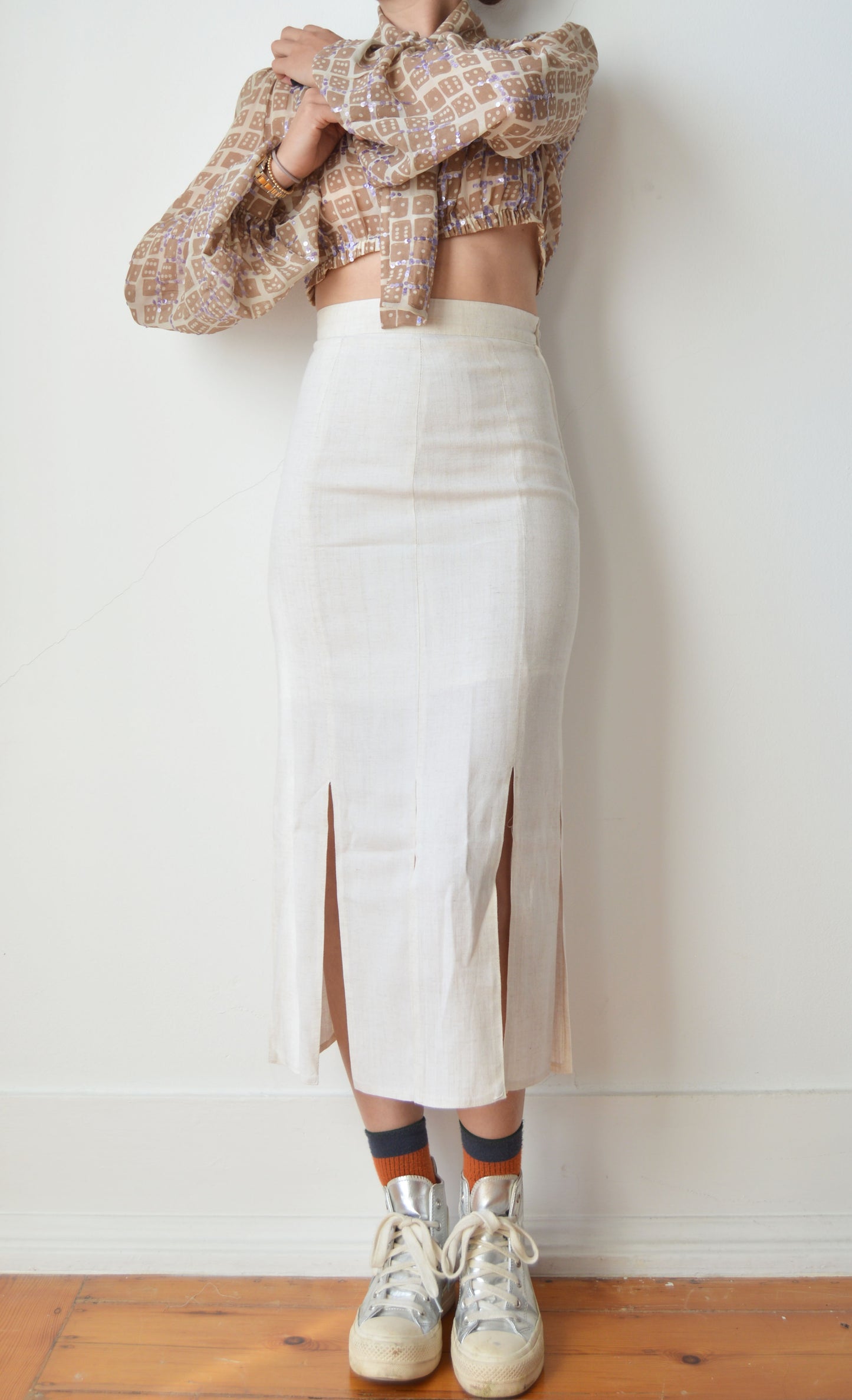 Vintage White Linen Skirt with Slits