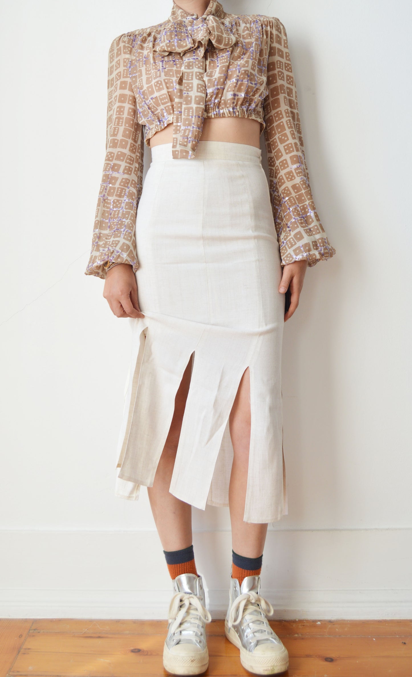 Vintage White Linen Skirt with Slits