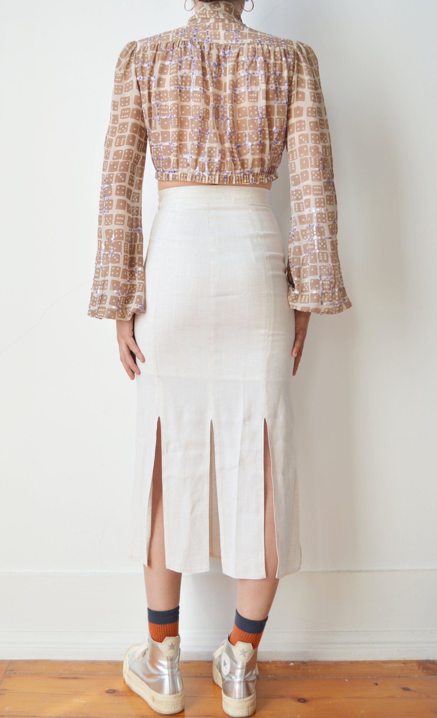 Vintage White Linen Skirt with Slits