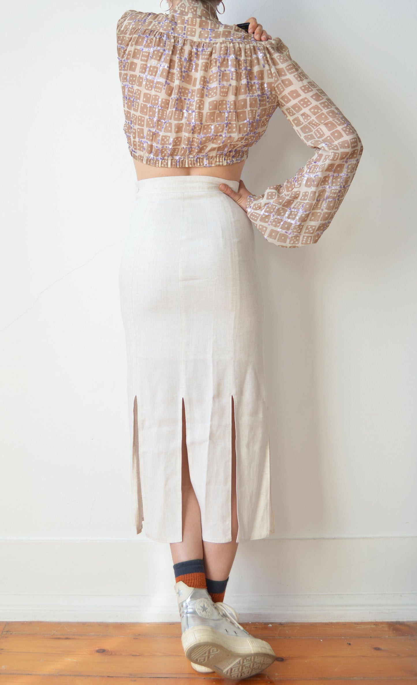 Vintage White Linen Skirt with Slits